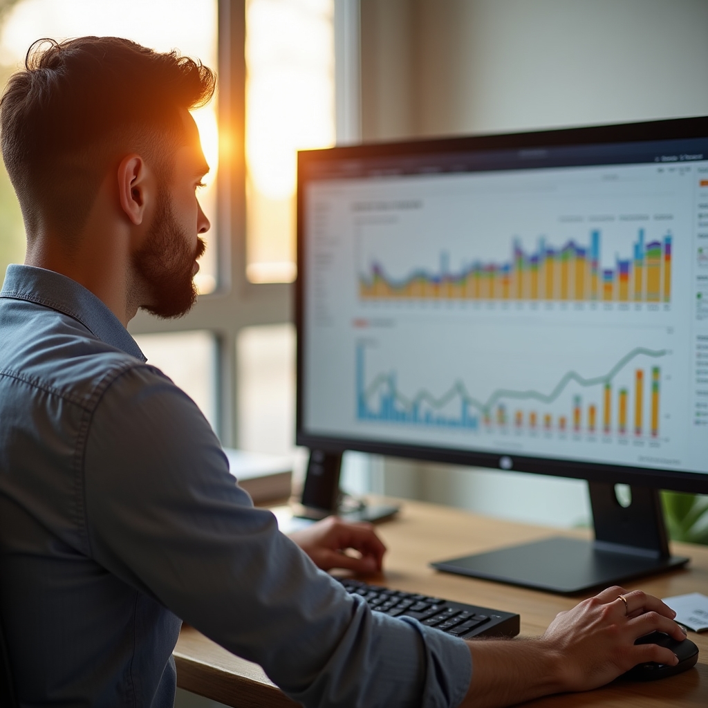 Marketer reviewing a free SEO analytics dashboard with search performance charts on a monitor