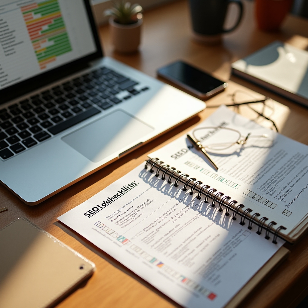 Flat lay of printed SEO checklist templates and a laptop showing a keyword spreadsheet