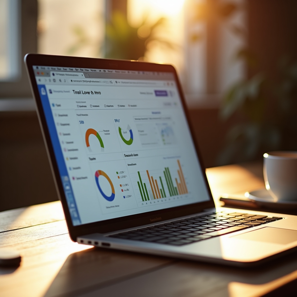 Laptop screen showing a free SEO dashboard with clicks, impressions, and page position charts