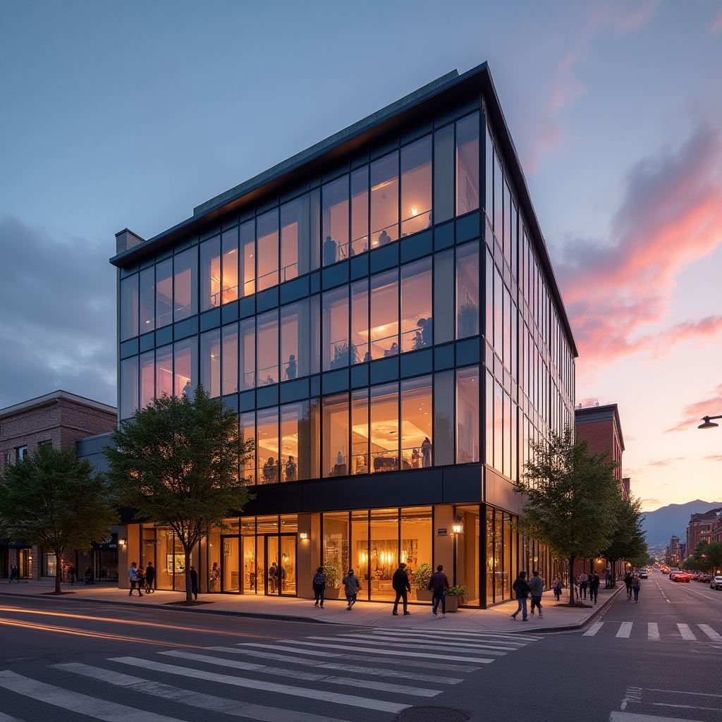 Exterior view of the Denver office building on 17th Street at golden hour