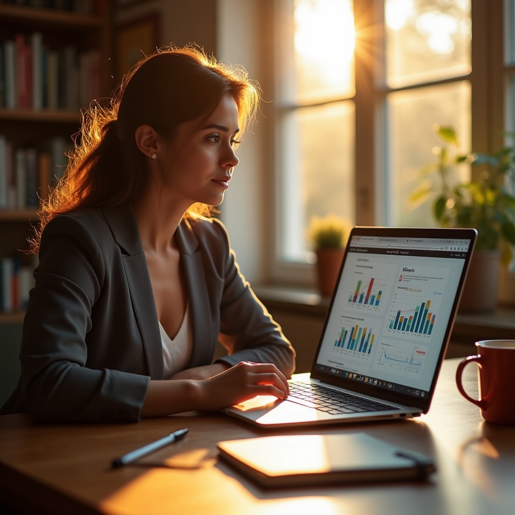 Marketer reviewing an SEO analytics dashboard on a laptop at sunrise