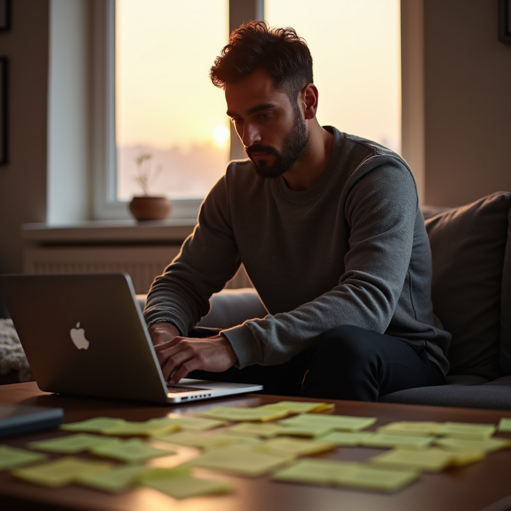 Marketer writing draft meta titles on sticky notes at a desk with a monitor showing search results