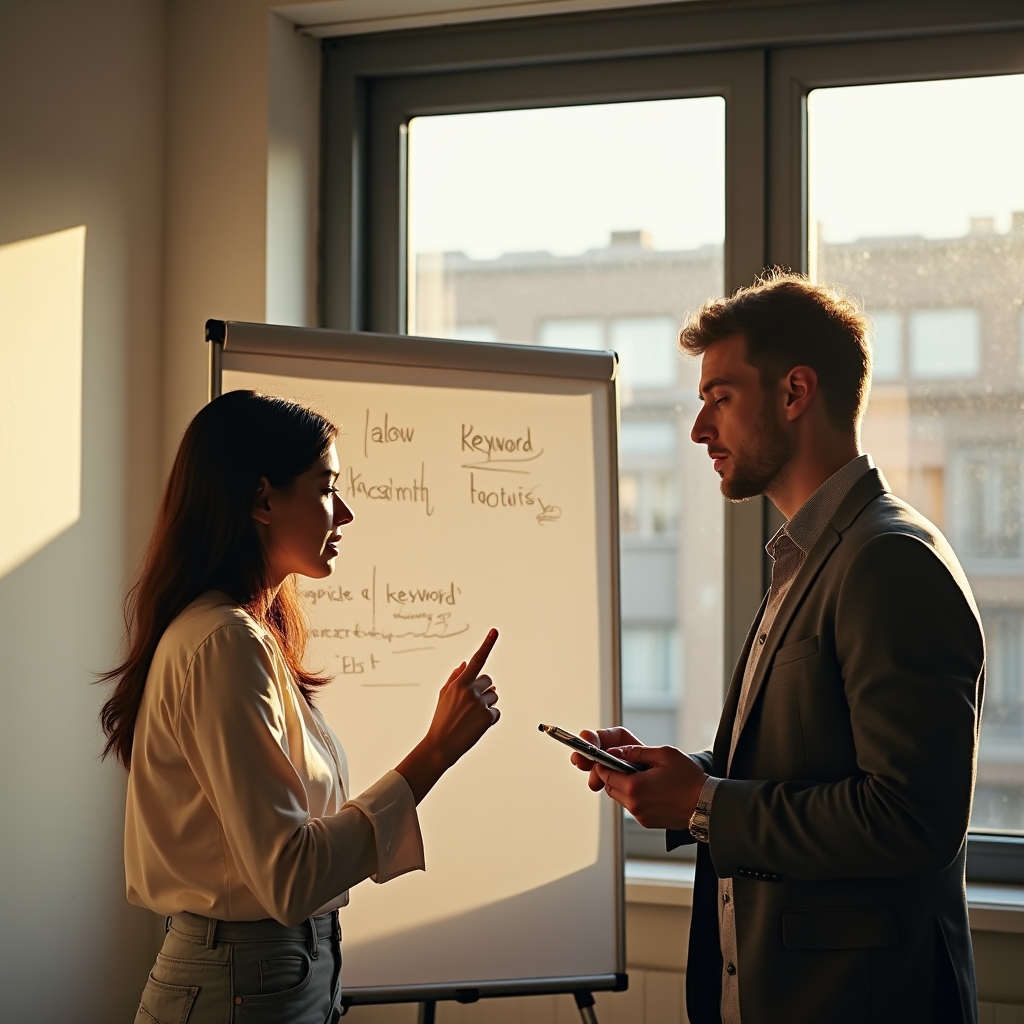 Small agency team reviewing a keyword and internal linking plan on a whiteboard